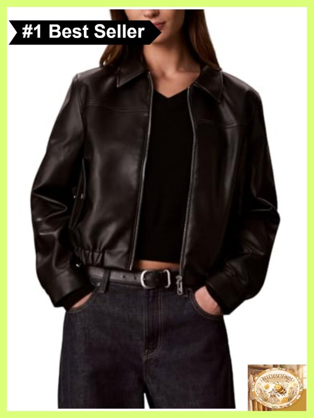 Faux Leather Bomber Jacket Full Zip Classic Fit Collar Long Sleeves